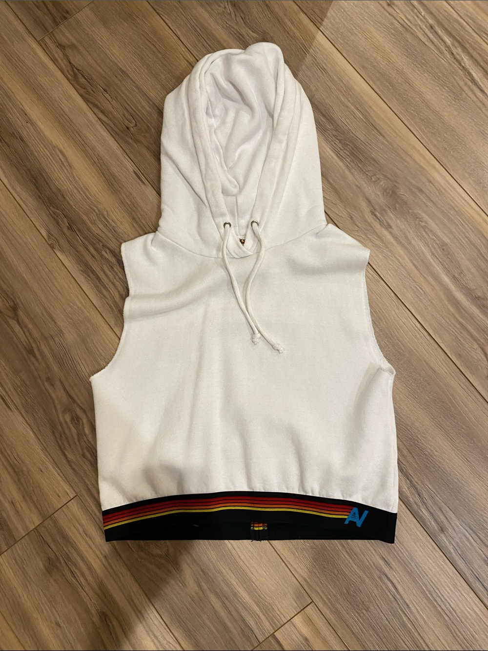 Aviator Nation White Sleeveless Hoodie with Rainbow Stripe Hem